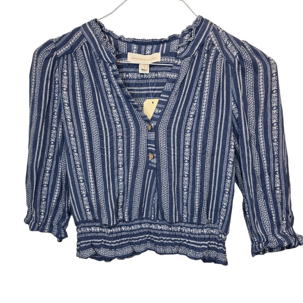 NWT Monteau Los Angeles Women's Cottagecore Blue Quarter Sleeve Blouse S
